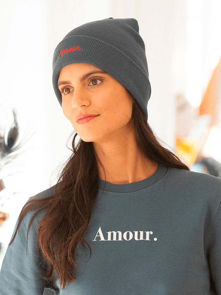 Bonnet "Amour." bleu canard brodé rouge-Rufus Paris