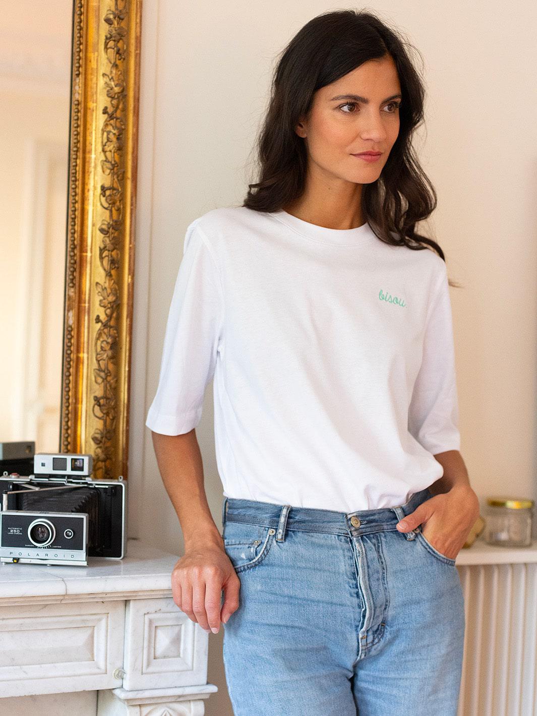 T-Shirt Bisou Blanc Logo Vert