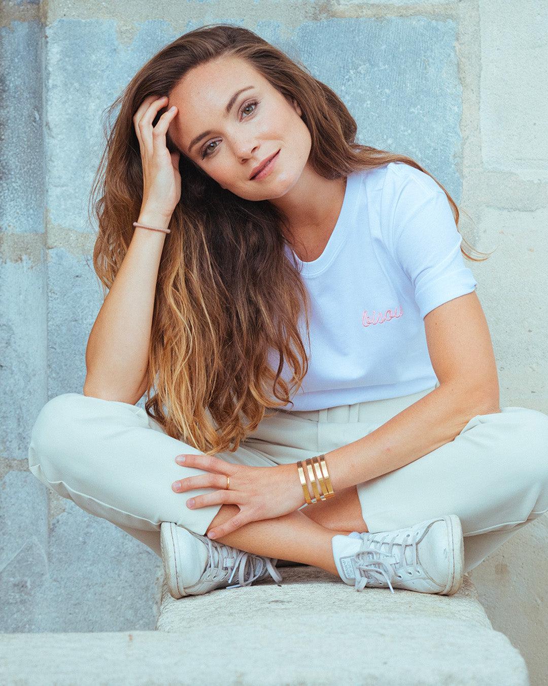 T-Shirt Blanc Bisou Brodé Rose