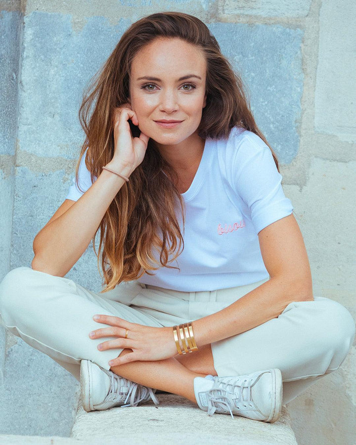 T-Shirt Blanc Bisou Brodé Rose