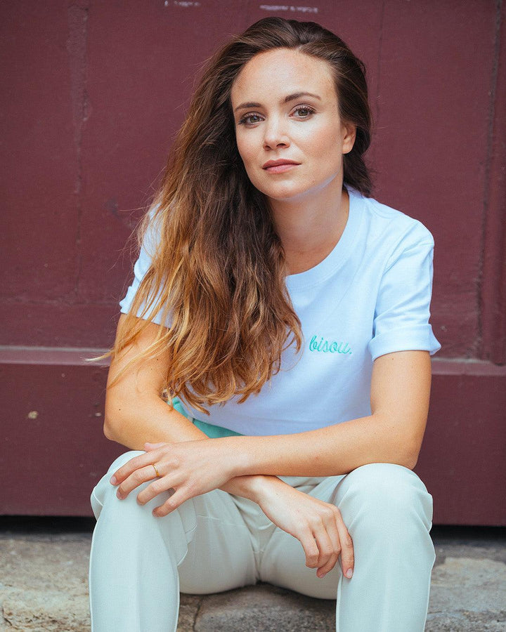 T-Shirt Blanc Bisou Brodé Vert