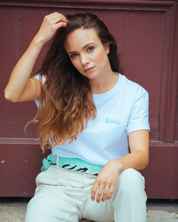 T-Shirt Blanc Bisou Brodé Vert