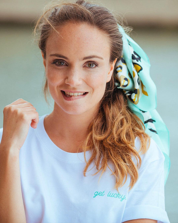 T-Shirt Blanc "Get Lucky" Brodé Vert