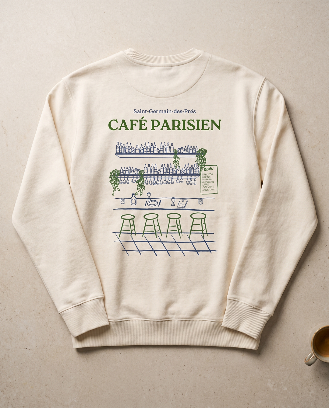 Paris 1984 · Café Paris · Le Sweat · packshot éditorial · dos vert