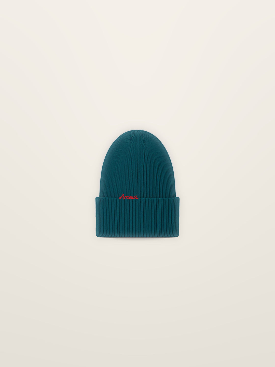 Le Bonnet · Brodé « Amour. », Bleu canard, à plat sur fond ivoire