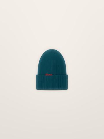 Le Bonnet · Brodé « Amour. », Bleu canard, à plat sur fond ivoire