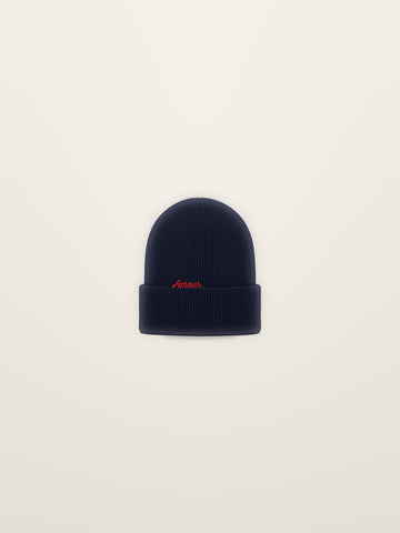 Le Bonnet · Brodé « Amour. », Bleu marine, à plat sur fond ivoire