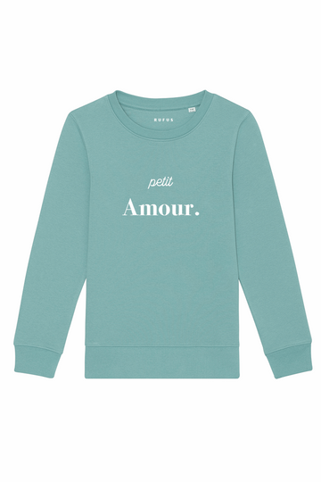 Sweat col rond enfant bleu gris Le Petit Classique, « petit Amour. » brodé sur le coeur