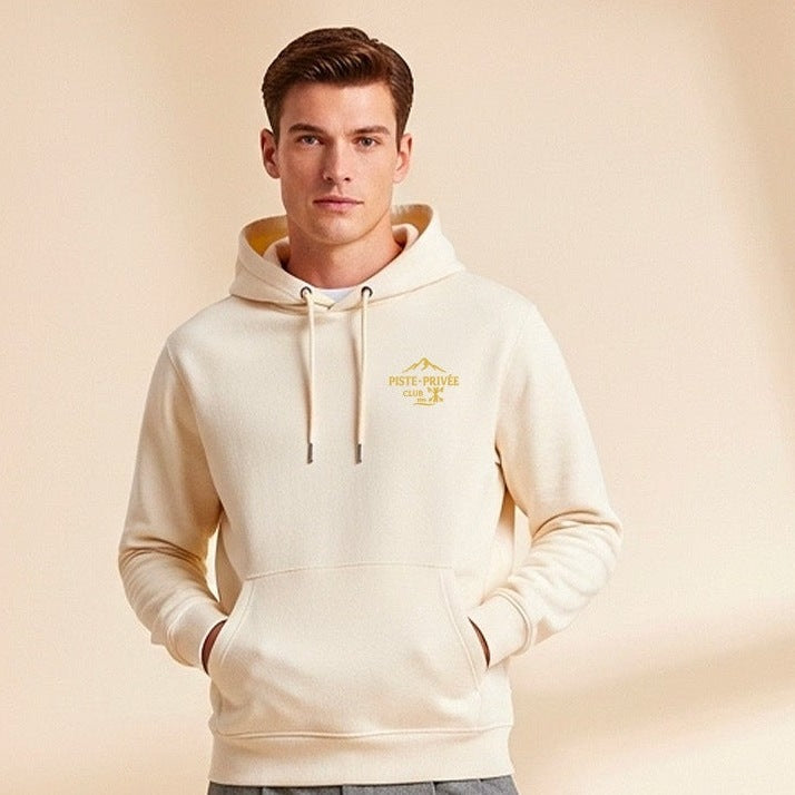 Sweat à capuche Piste Privée, crème, porté