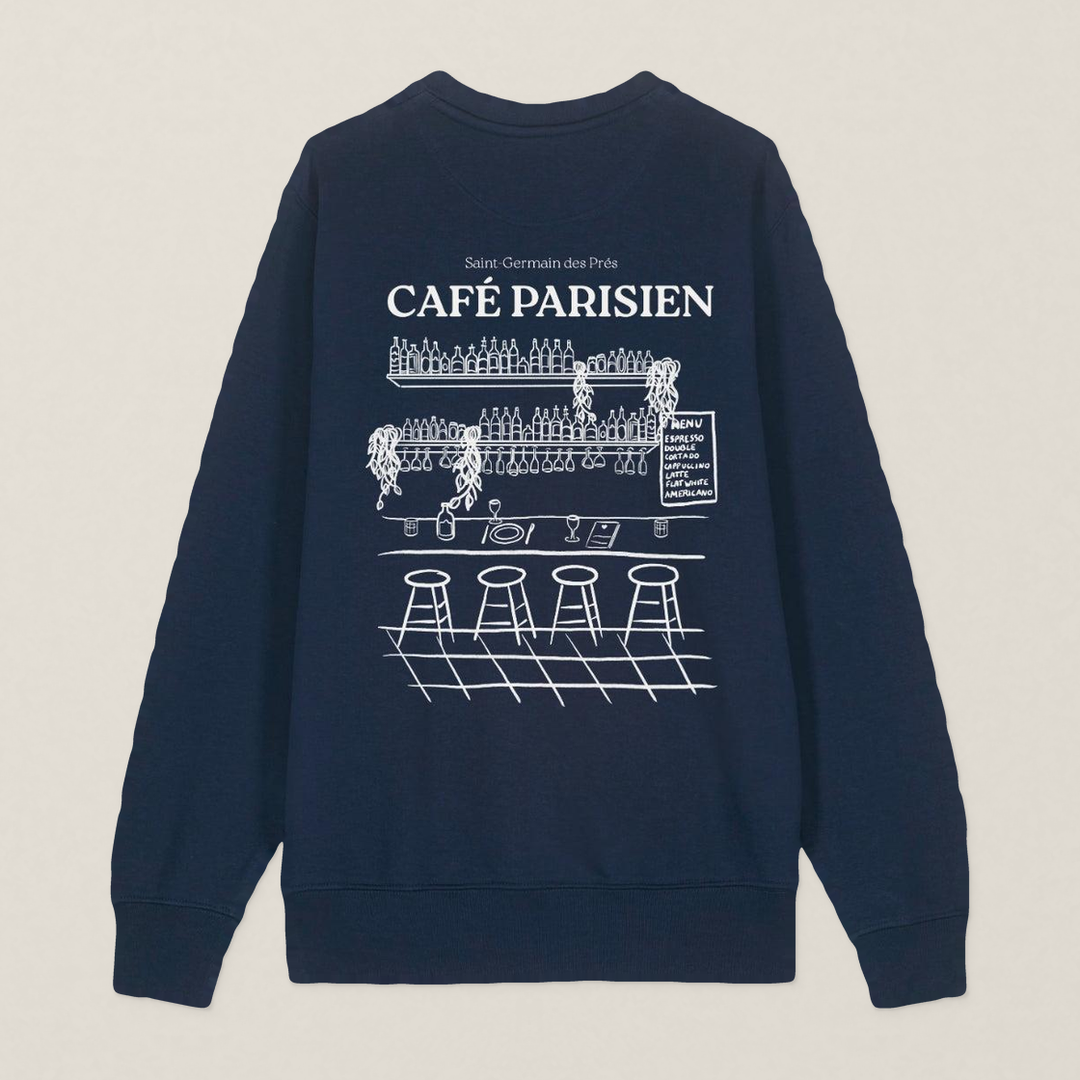 Paris 1984 · Café Paris · Le Sweat · Bleu marine · dos · photo couleur 2026-09-30 · cafe-parisien-pull-bleu-marine-dos