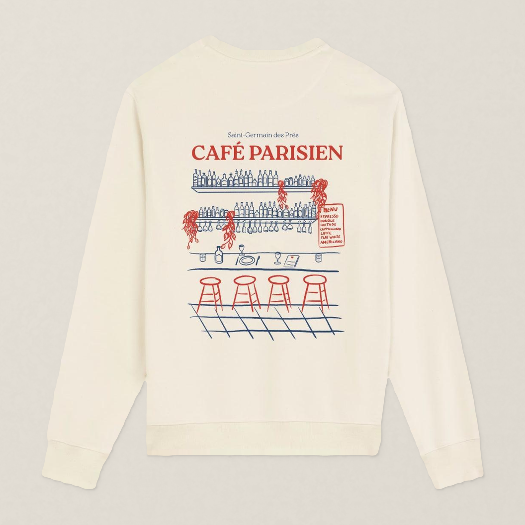 Paris 1984 · Café Paris · Le Sweat · Écru · motif rouge · dos · photo couleur 2026-09-30 · cafe-parisien-pull-ecru-motif-rouge-dos
