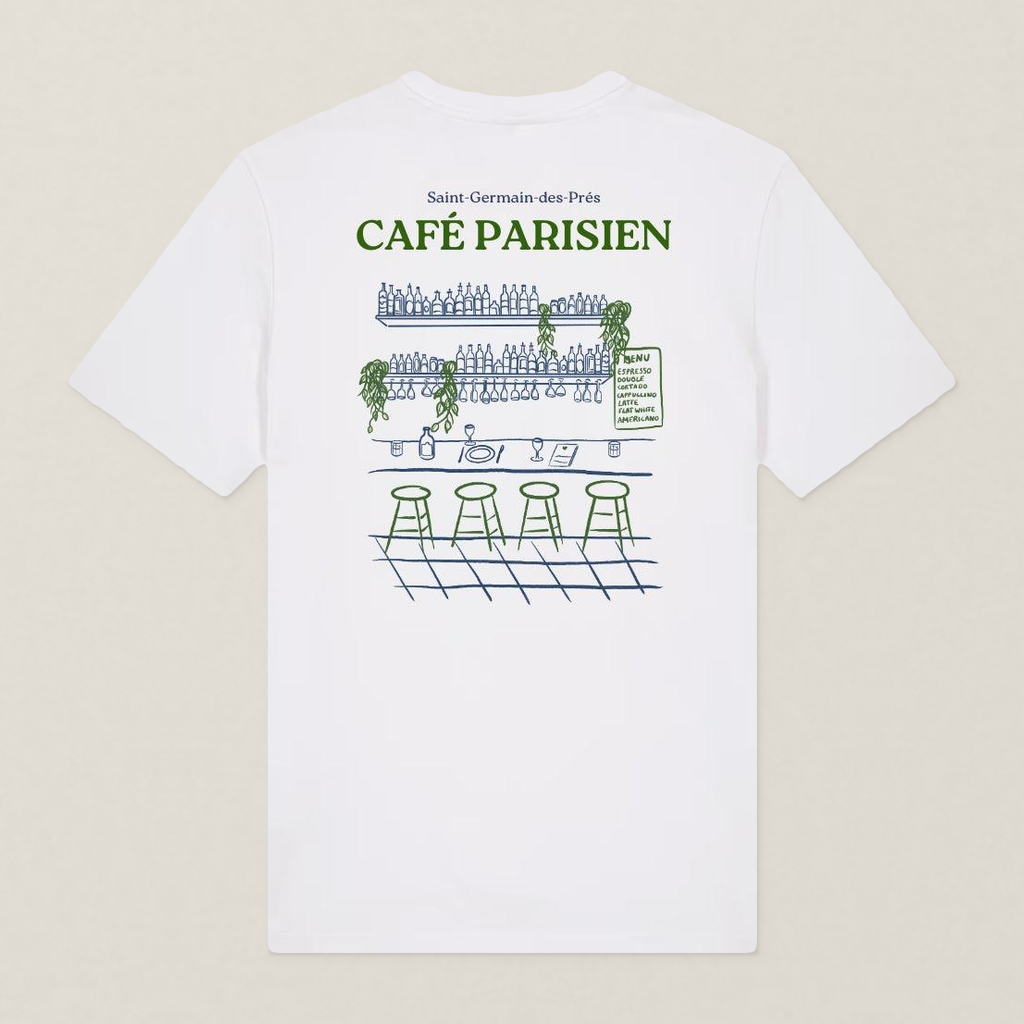 Paris 1984 · Café Paris · Le T-Shirt · Blanc · motif vert · dos · photo couleur 2026-09-30 · cafe-parisien-tshirt-blanc-motif-vert-dos