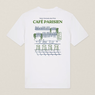 Paris 1984 · Café Paris · Le T-Shirt · Blanc · motif vert · dos · photo couleur 2026-09-30 · cafe-parisien-tshirt-blanc-motif-vert-dos