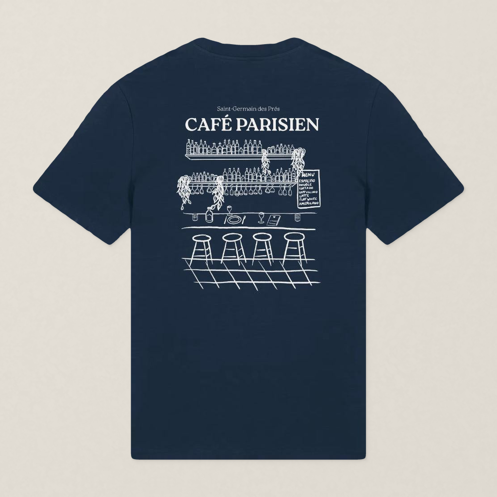 Paris 1984 · Café Paris · Le T-Shirt · Bleu marine · dos · photo couleur 2026-09-30 · cafe-parisien-tshirt-bleu-marine-dos