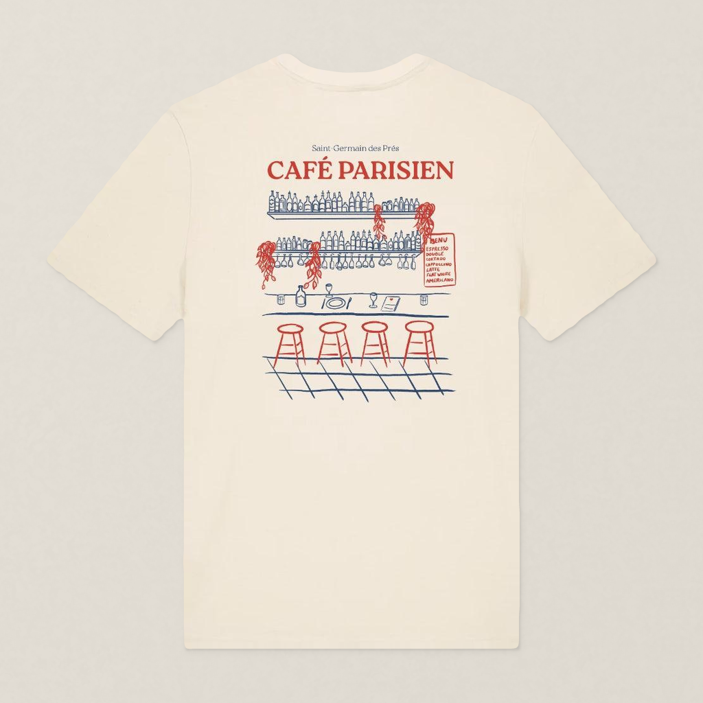 Paris 1984 · Café Paris · Le T-Shirt · Écru · motif rouge · dos · photo couleur 2026-09-30 · cafe-parisien-tshirt-ecru-motif-rouge-dos