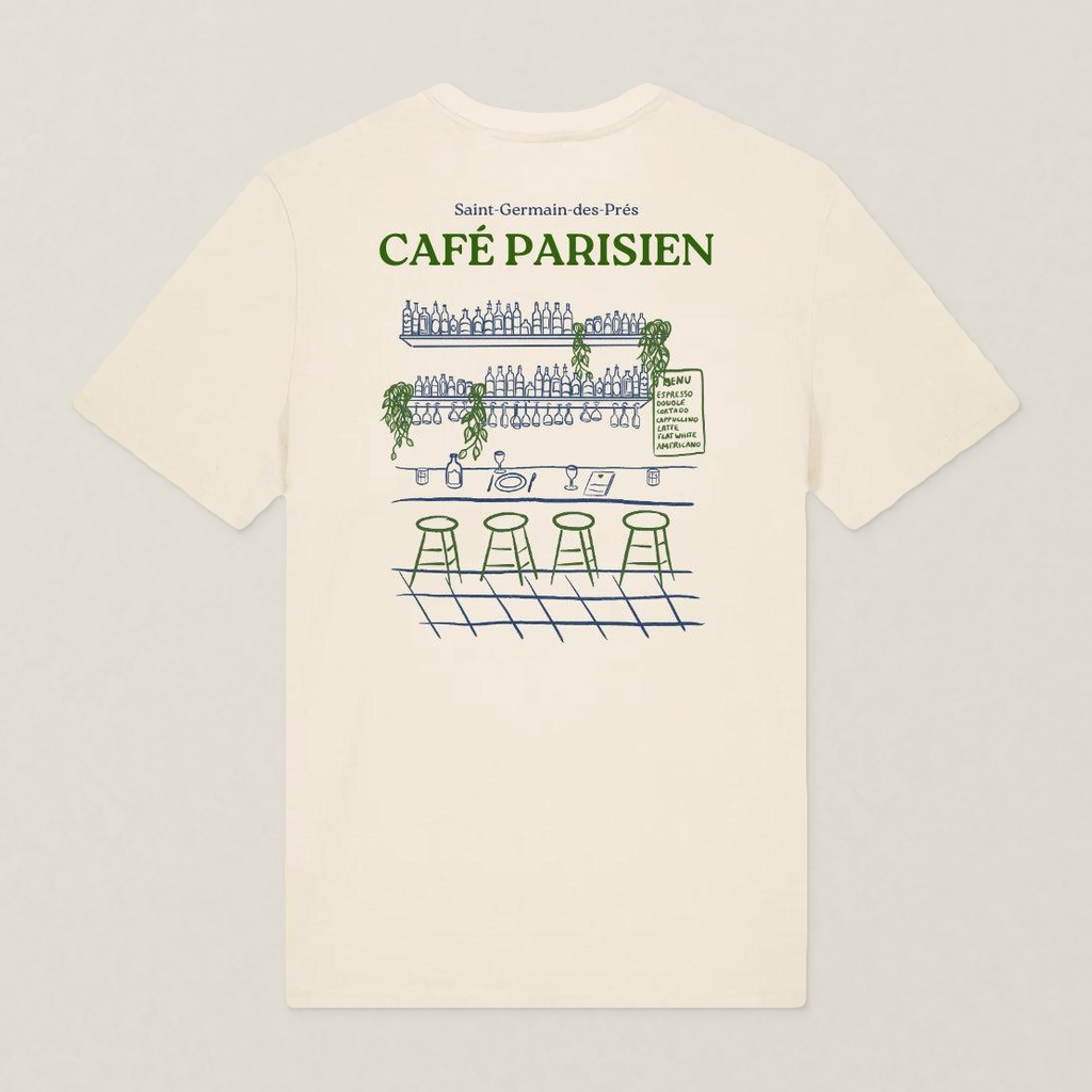 Paris 1984 · Café Paris · Le T-Shirt · Écru · motif vert · dos · photo couleur 2026-09-30 · cafe-parisien-tshirt-ecru-motif-vert-dos