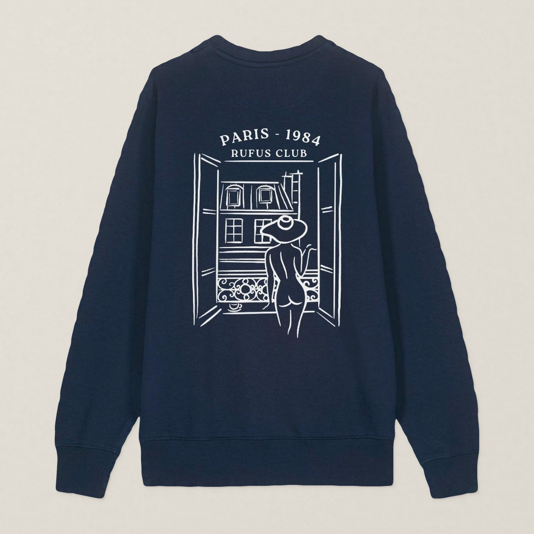 Paris 1984 · La Parisienne · Le Sweat · Bleu marine · dos · photo couleur 2026-09-30 · la-parisienne-pull-bleu-marine-dos