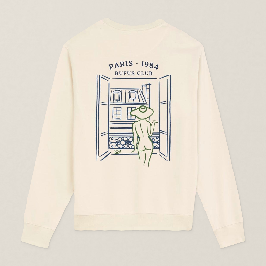 Paris 1984 · La Parisienne · Le Sweat · Écru · motif vert · dos · photo couleur 2026-09-30 · la-parisienne-pull-ecru-motif-vert-dos
