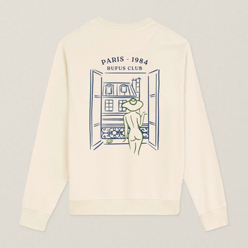 Paris 1984 · La Parisienne · Le Sweat · Écru · motif vert · dos · photo couleur 2026-09-30 · la-parisienne-pull-ecru-motif-vert-dos