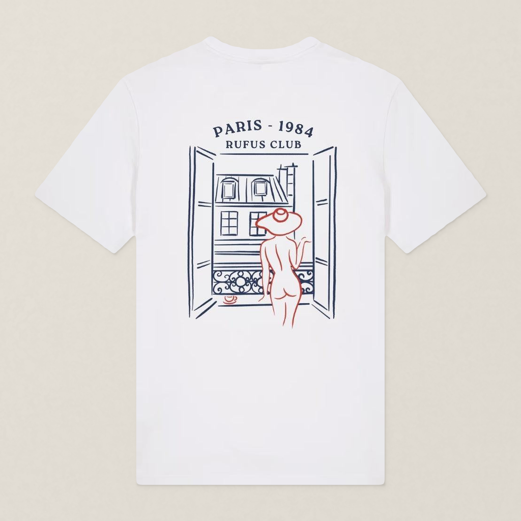 Paris 1984 · La Parisienne · Le T-Shirt · Blanc · motif rouge · dos · photo couleur 2026-09-30 · la-parisienne-tshirt-blanc-motif-rouge-dos