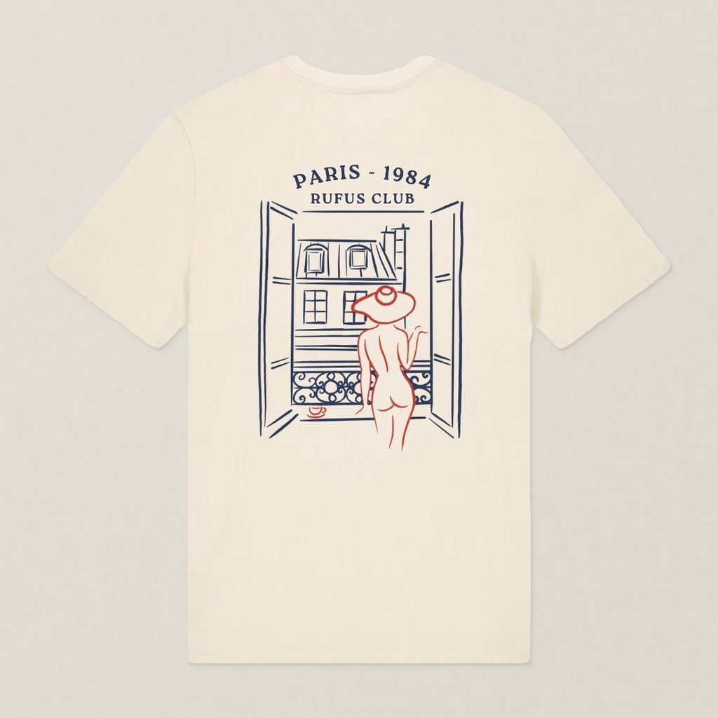 Paris 1984 · La Parisienne · Le T-Shirt · Écru · motif rouge · dos · photo couleur 2026-09-30 · la-parisienne-tshirt-ecru-motif-rouge-dos