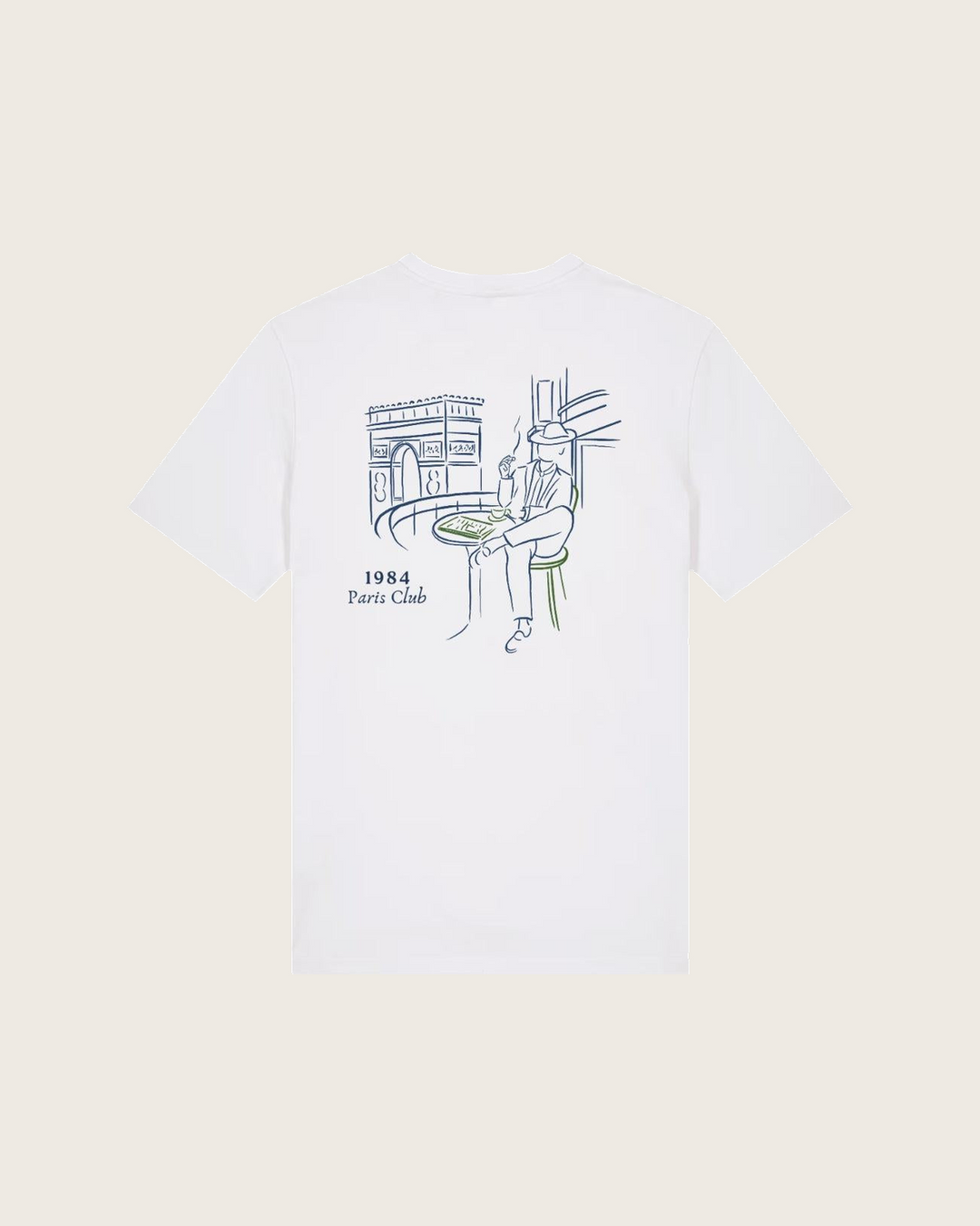 Paris 1984 · Le Parisien · Le T-Shirt · Blanc · motif vert · dos · photo couleur 2026-09-30 · le-parisien-blanc-motif-vert-dos